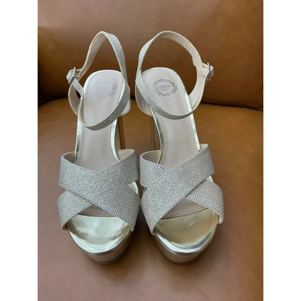 I. Miller Samien Platform Sandals Womens 8.5 Gold Excellent Glitter Block Heel